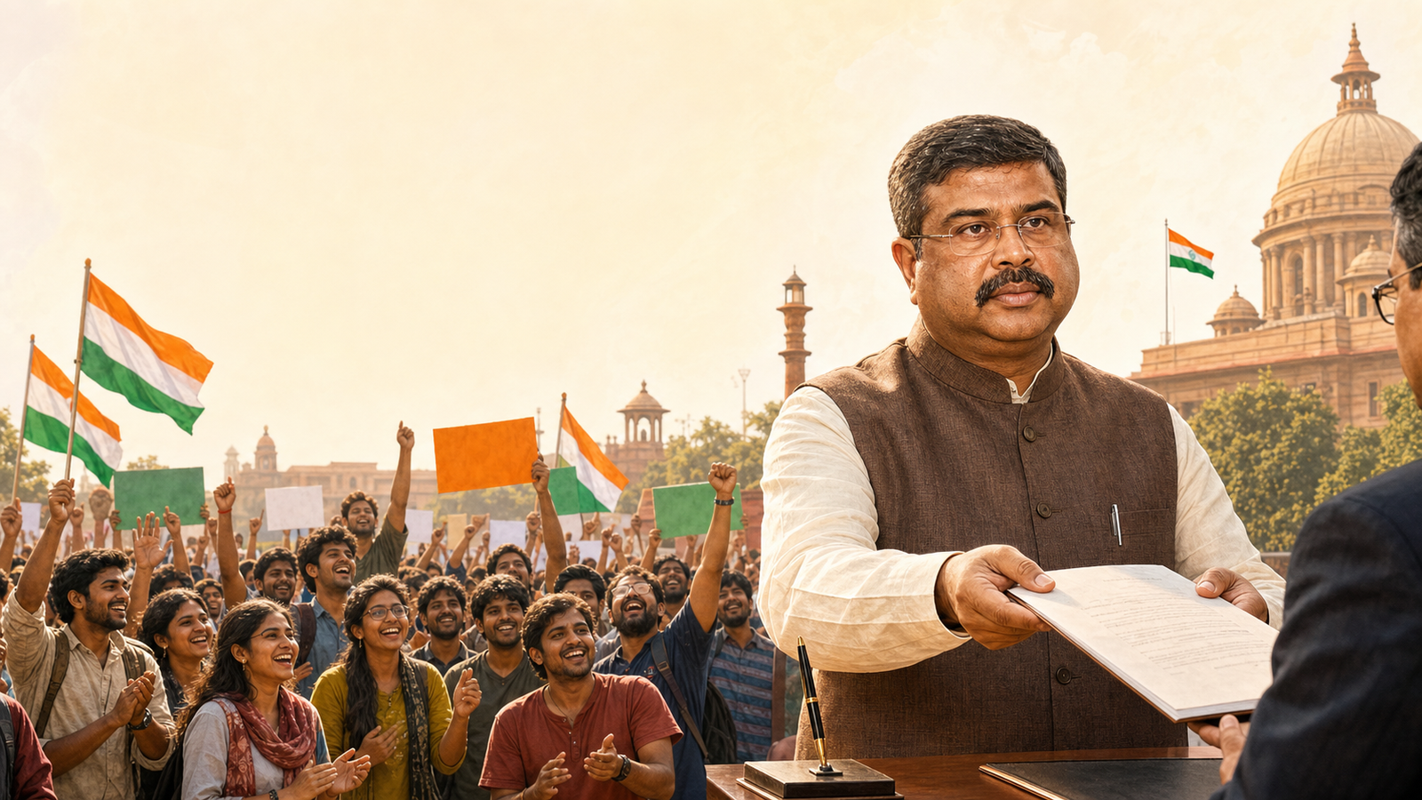 Dharmendra Pradhan submitting his resignation as students celebrate peacefully