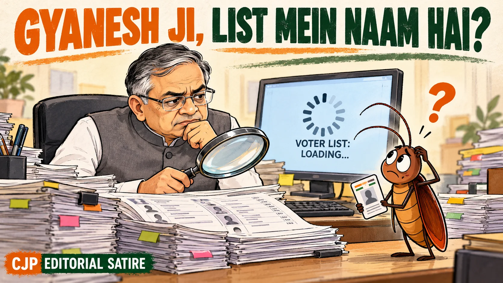 Editorial cartoon of Gyanesh Kumar looking through voter rolls while a puzzled cockroach holds a voter card; the monitor reads Voter list: loading