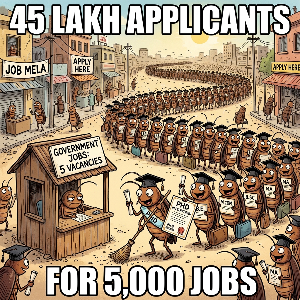 45 Lakh applicants for 5,000 government jobs — PhD holders sweeping floors 💪