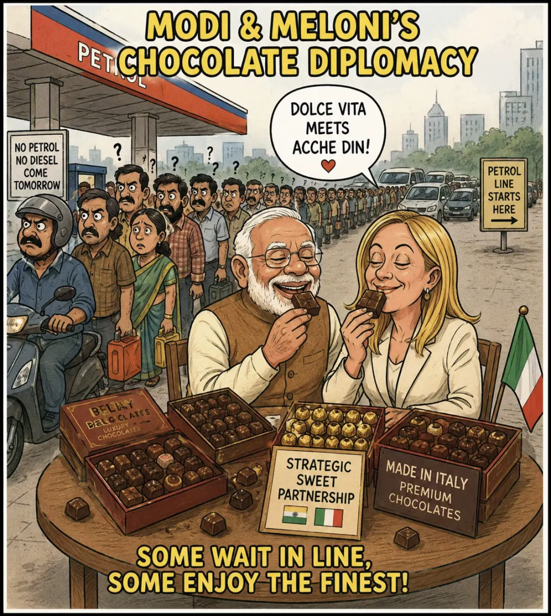🍫 Modi & Meloni's Chocolate Diplomacy vs Petrol Queue Reality 😅